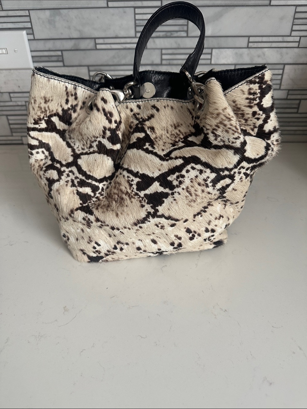 Maurizio Taiuti Black and Cream Animal Print Haircalf Tote